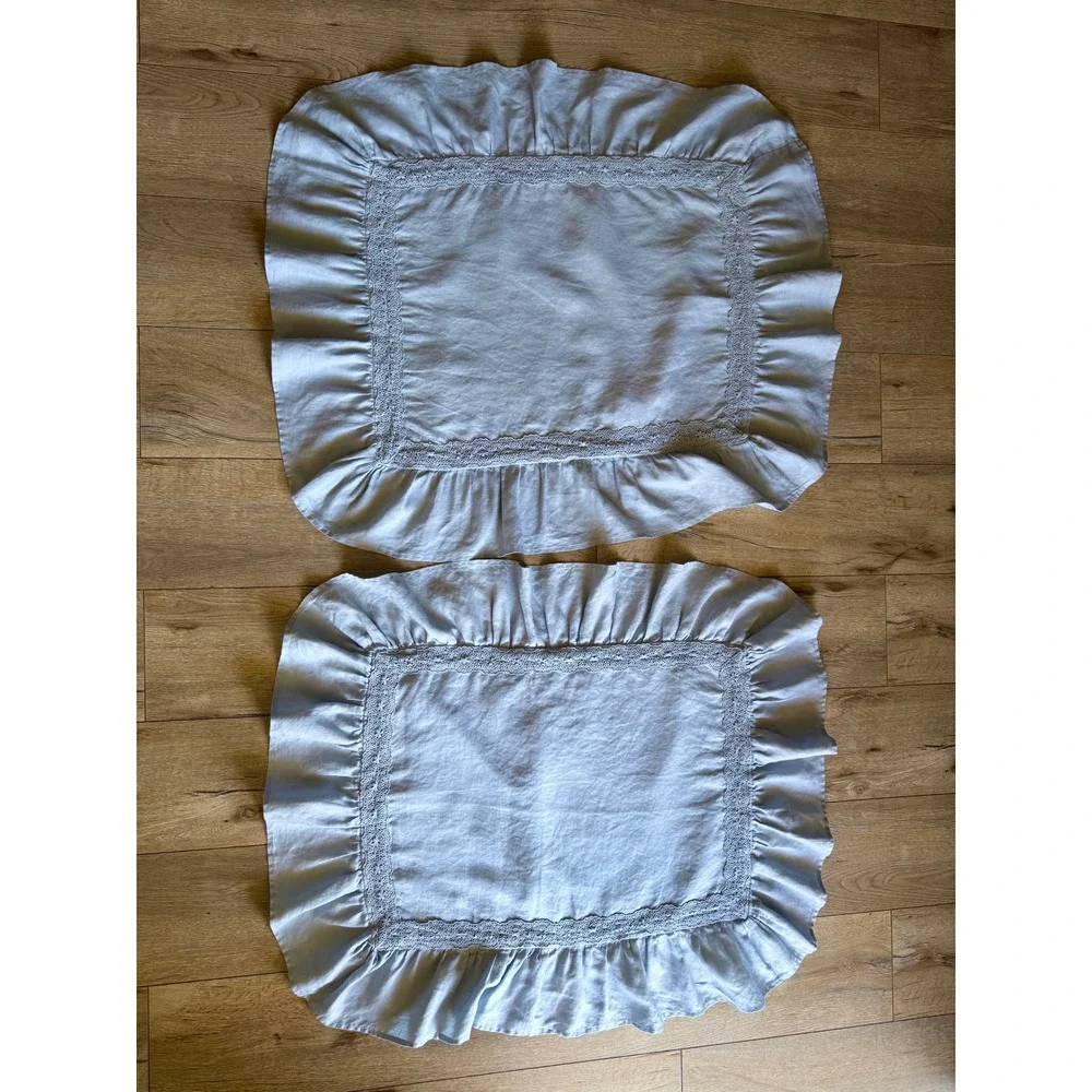 GreenRow Shabby Chic Pearl Blue Linen Ruffle Crochet Set of 2 Queen Pillow Cases